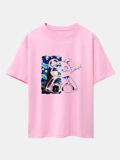 Starry Sky Bear Print Drop Shoulder Oversize T-Shirt