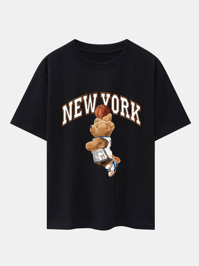 New York Basketball Bear Print Drop Shoulder Oversize T-Shirt