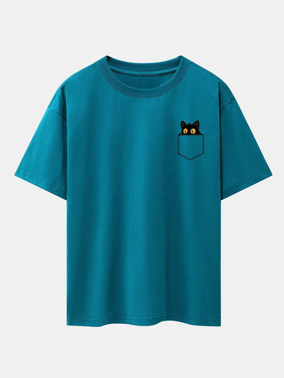 Pocket Black Cat Print Drop Shoulder Oversize T-Shirt