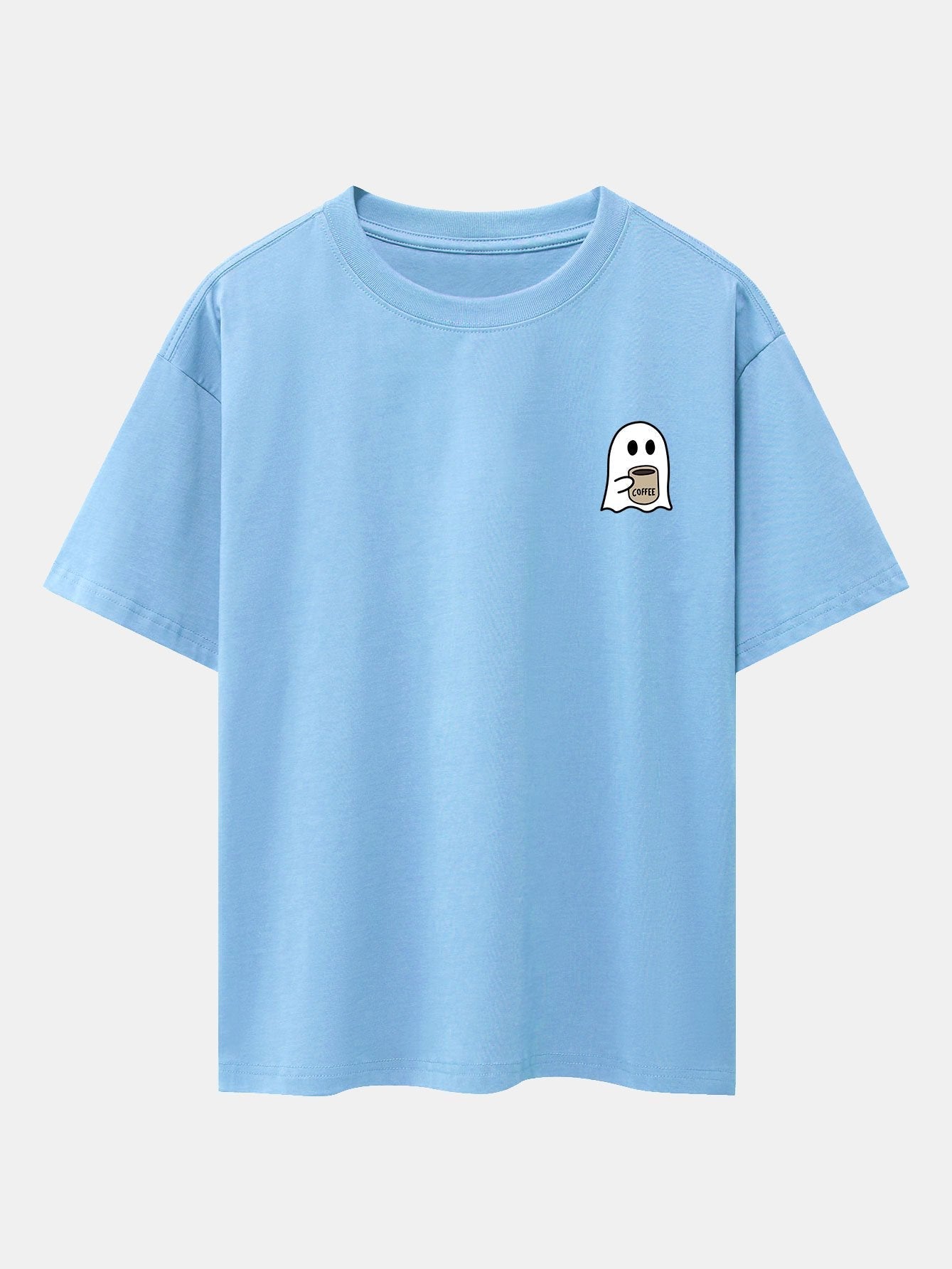 Ghost Drinking Coffee Print Drop Shoulder Oversize T-Shirt