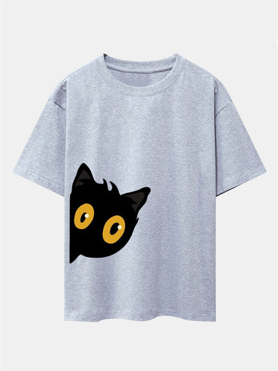 Black Cat Is Watching Print Drop Shoulder Oversize T-Shirt