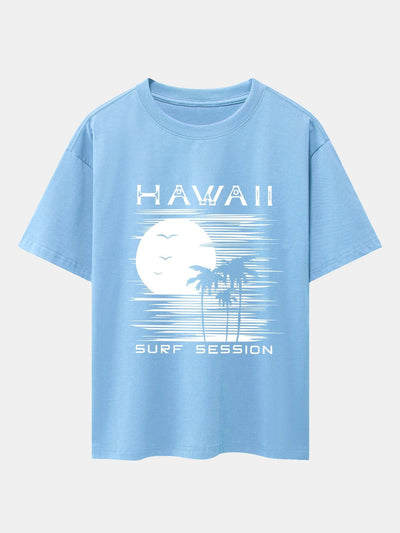 Hawaii Sun Palm Trees Print Drop Shoulder Oversize T-Shirt