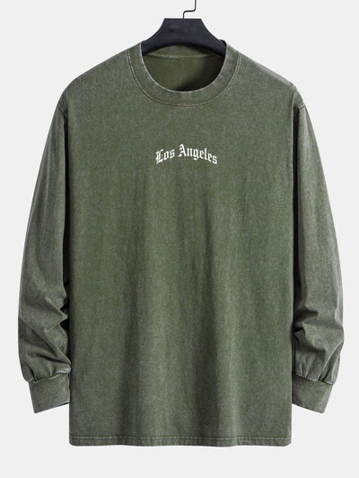 Los Angeles Slogan Print Relax Fit Long Sleeve Washed Distressed T-Shirt