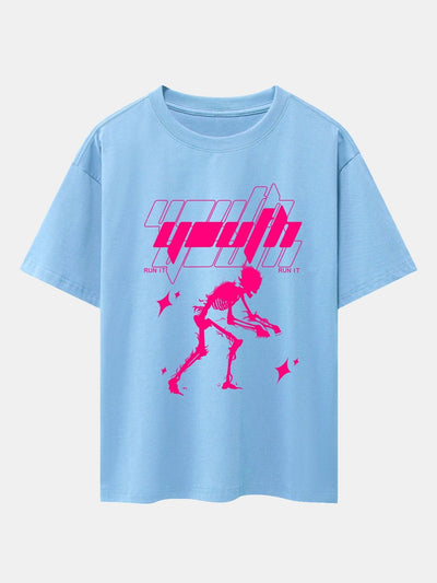 Pink Skeleton Print Drop Shoulder Oversize T-Shirt