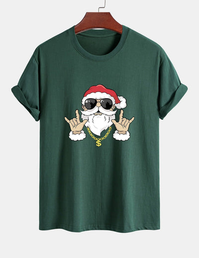 Regular Fit Hip Hop Santa Print Cotton T-Shirt