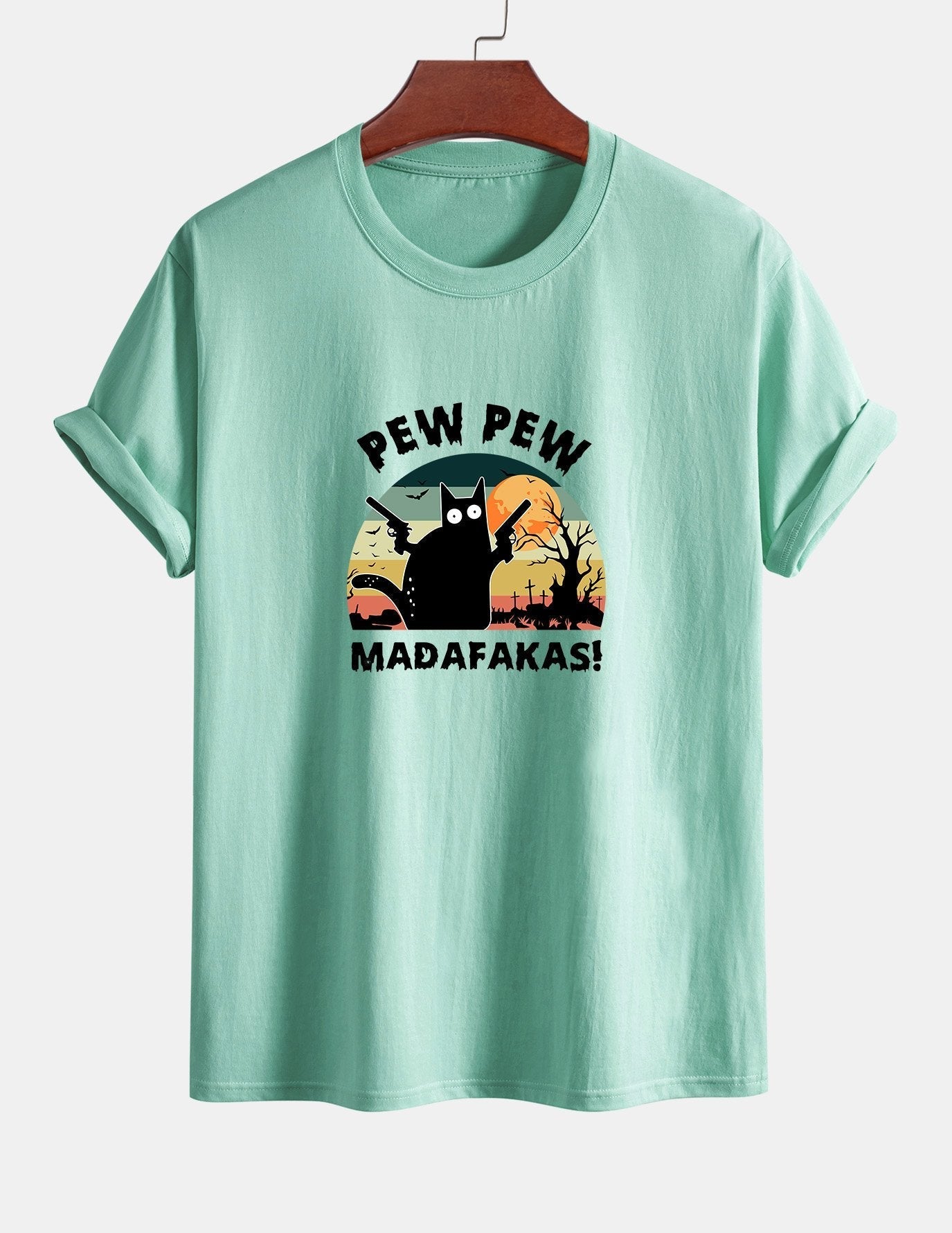Regular Fit PEW PEW MADAFAKAS Black Cat Print Cotton T-Shirt