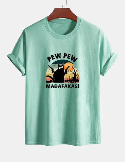 Regular Fit PEW PEW MADAFAKAS Black Cat Print Cotton T-Shirt