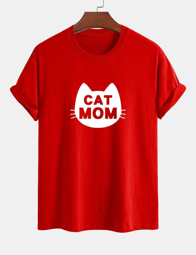 Regular Fit Cat Mom Print Cotton T-Shirt