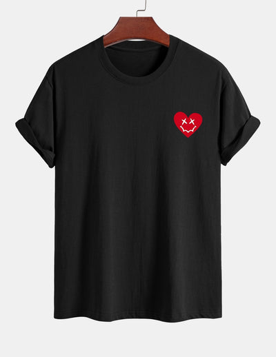 Regular Fit Heart Smiley Face Print Cotton T-Shirt