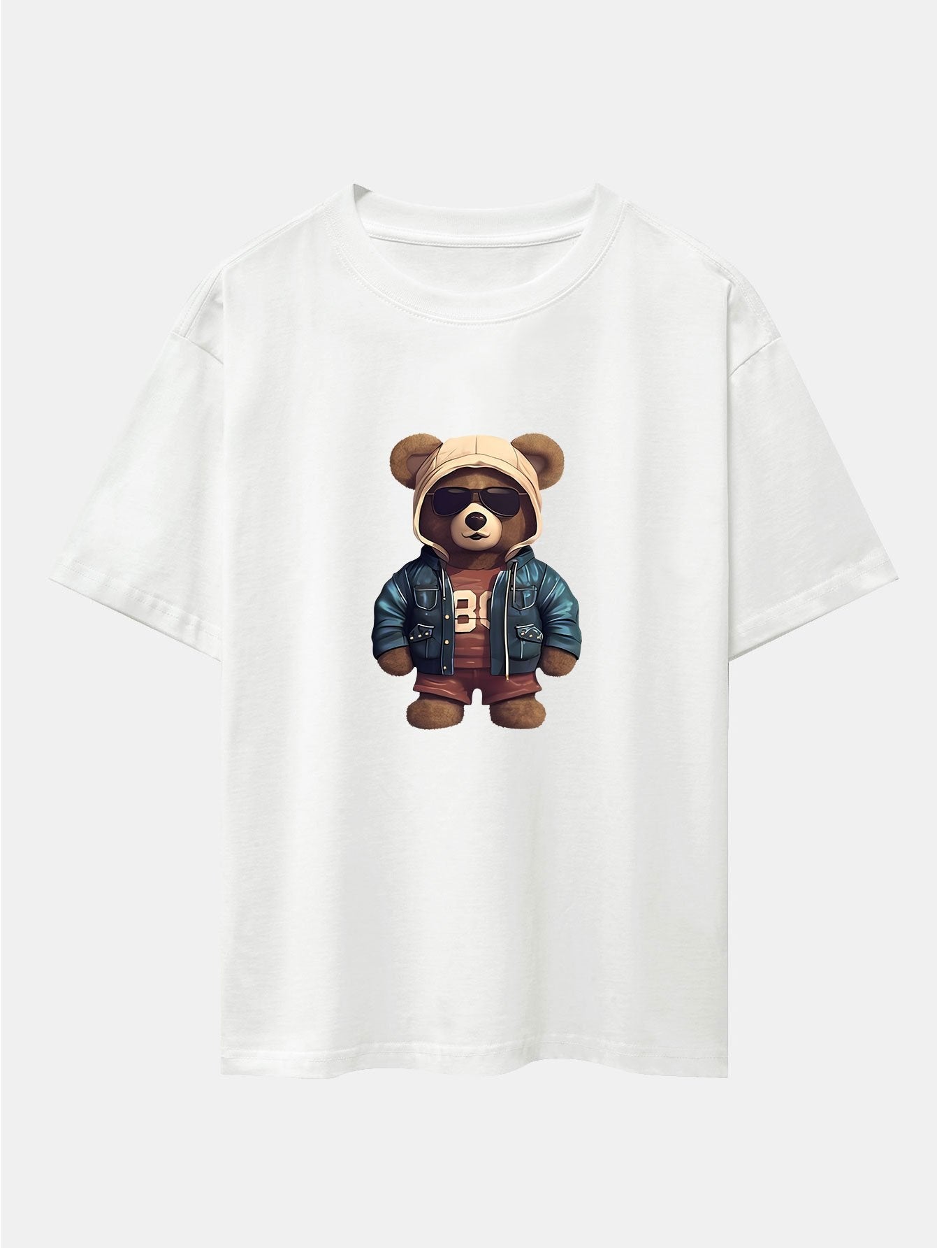 Bear In Leather Jacket Print Drop Shoulder Oversize T-Shirt
