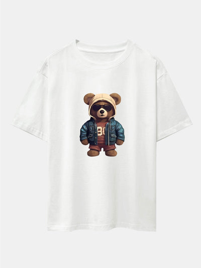 Bear In Leather Jacket Print Drop Shoulder Oversize T-Shirt