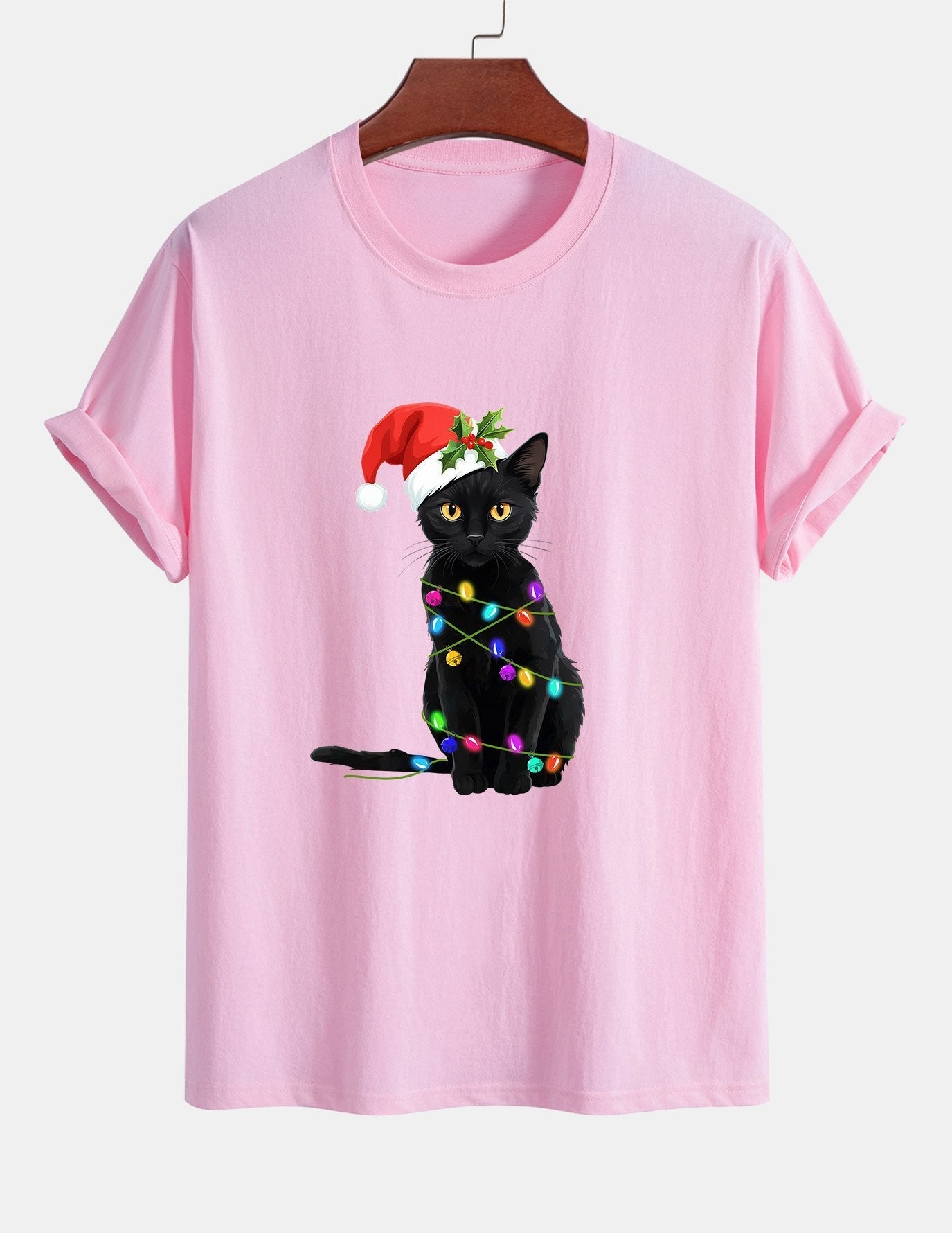 Regular Fit Christmas Lights Cat Print Cotton T-Shirt