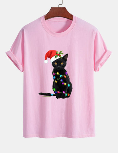 Regular Fit Christmas Lights Cat Print Cotton T-Shirt