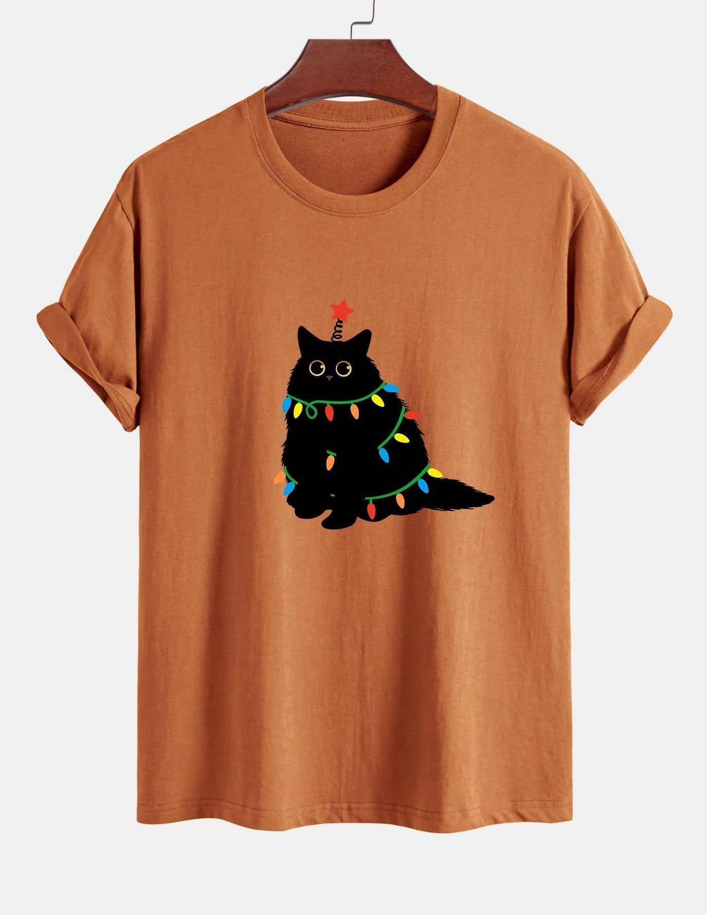 Regular Fit Colorful Light Black Cat Print Cotton T-Shirt