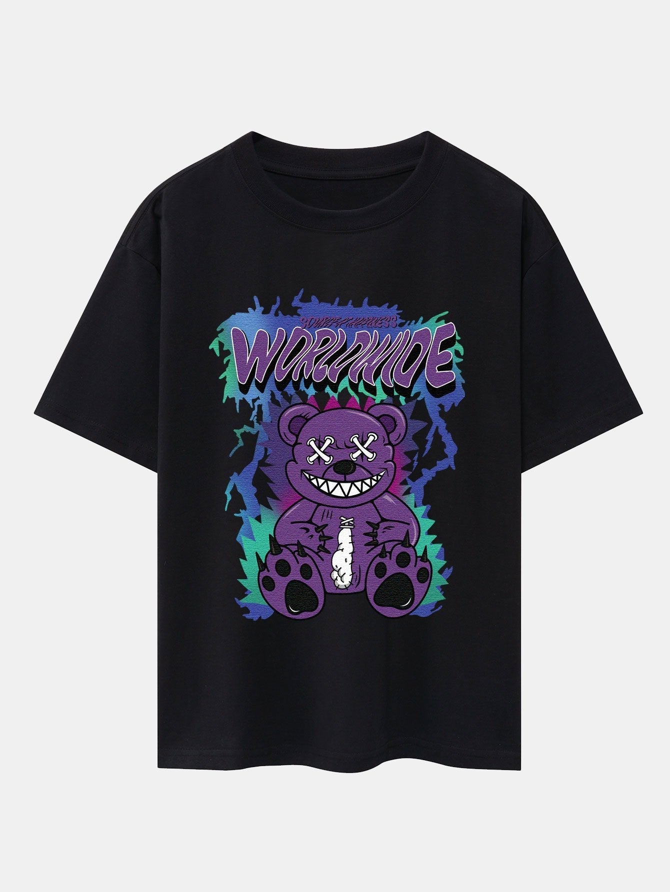 Tattered Bear Print Drop Shoulder Oversize T-Shirt