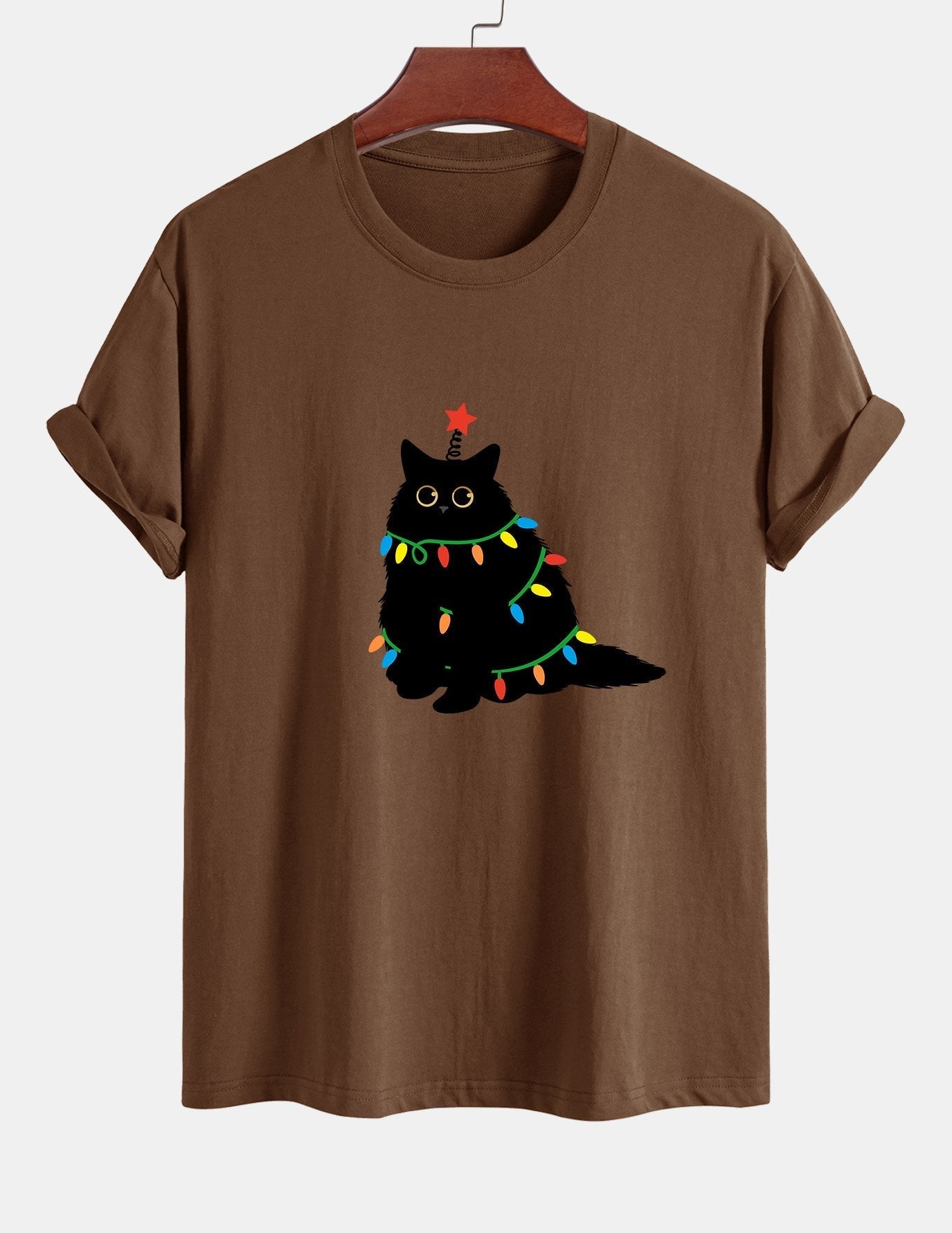 Regular Fit Colorful Light Black Cat Print Cotton T-Shirt