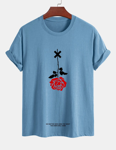 Regular Fit Inverted Rose Slogan Print Cotton T-Shirt