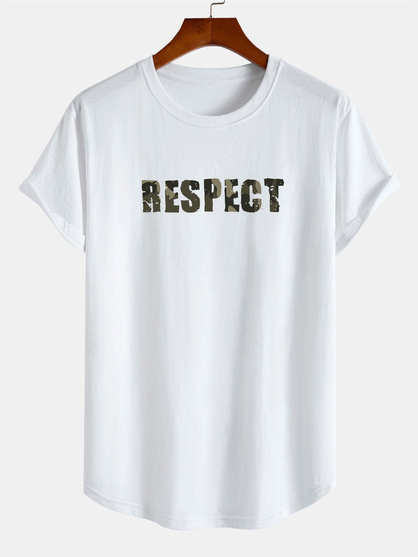 Camouflage Respect Print Cotton Arc Hem T-Shirt