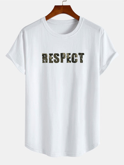 Camouflage Respect Print Cotton Arc Hem T-Shirt