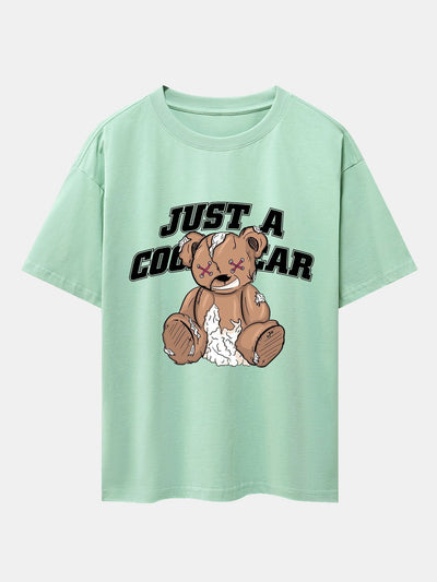 Tattered Bear Print Drop Shoulder Oversize T-Shirt