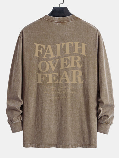 Faith Over Fear Print Relax Fit Long Sleeve Washed Distressed T-Shirt