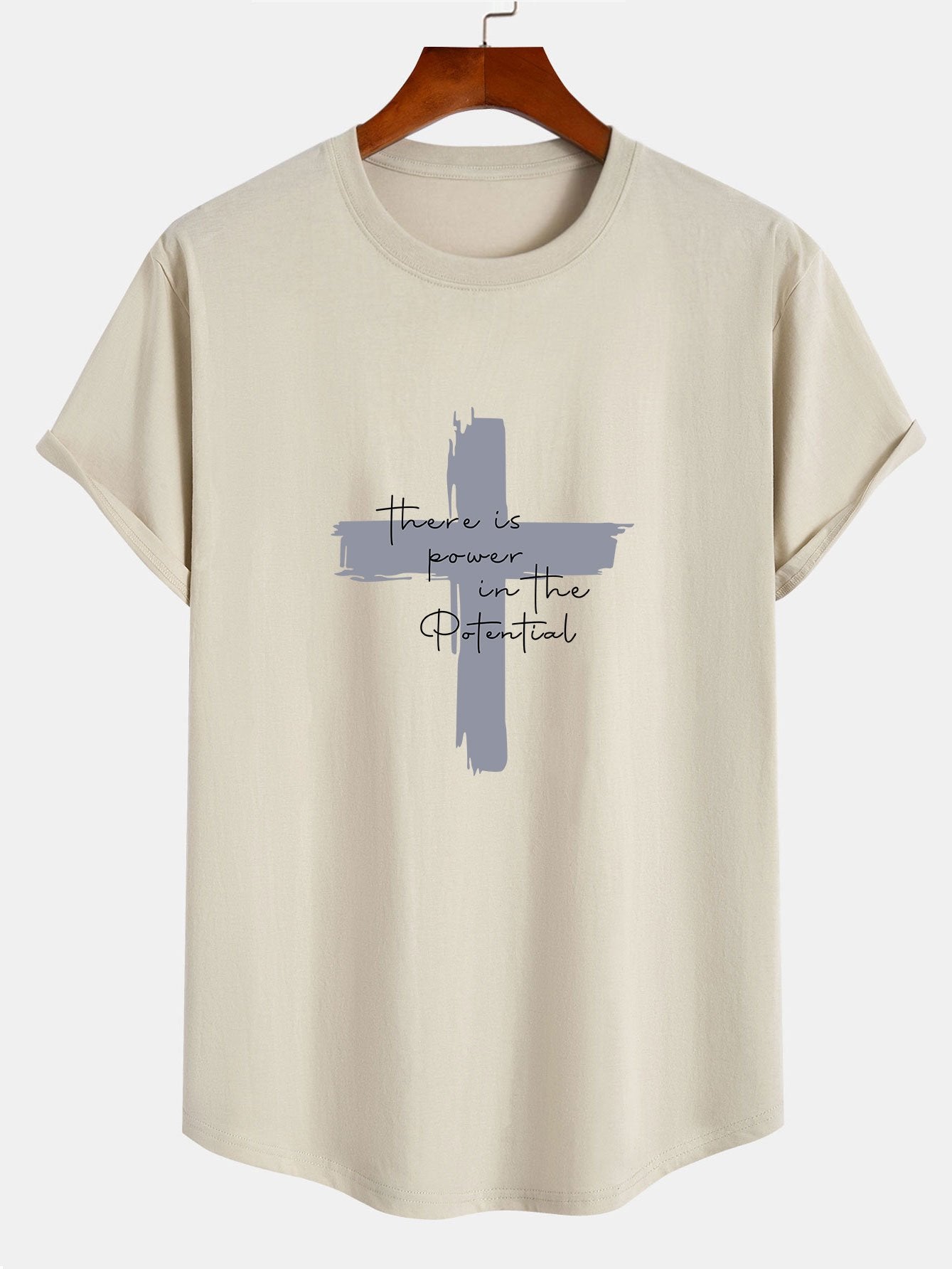 Cross Slogan Print Cotton Arc Hem T-Shirt