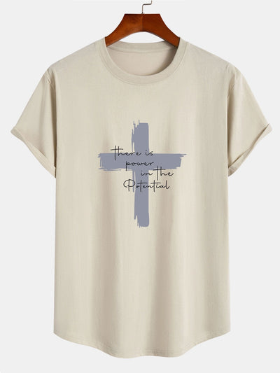 Cross Slogan Print Cotton Arc Hem T-Shirt
