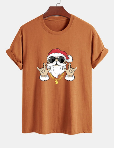 Regular Fit Hip Hop Santa Print Cotton T-Shirt