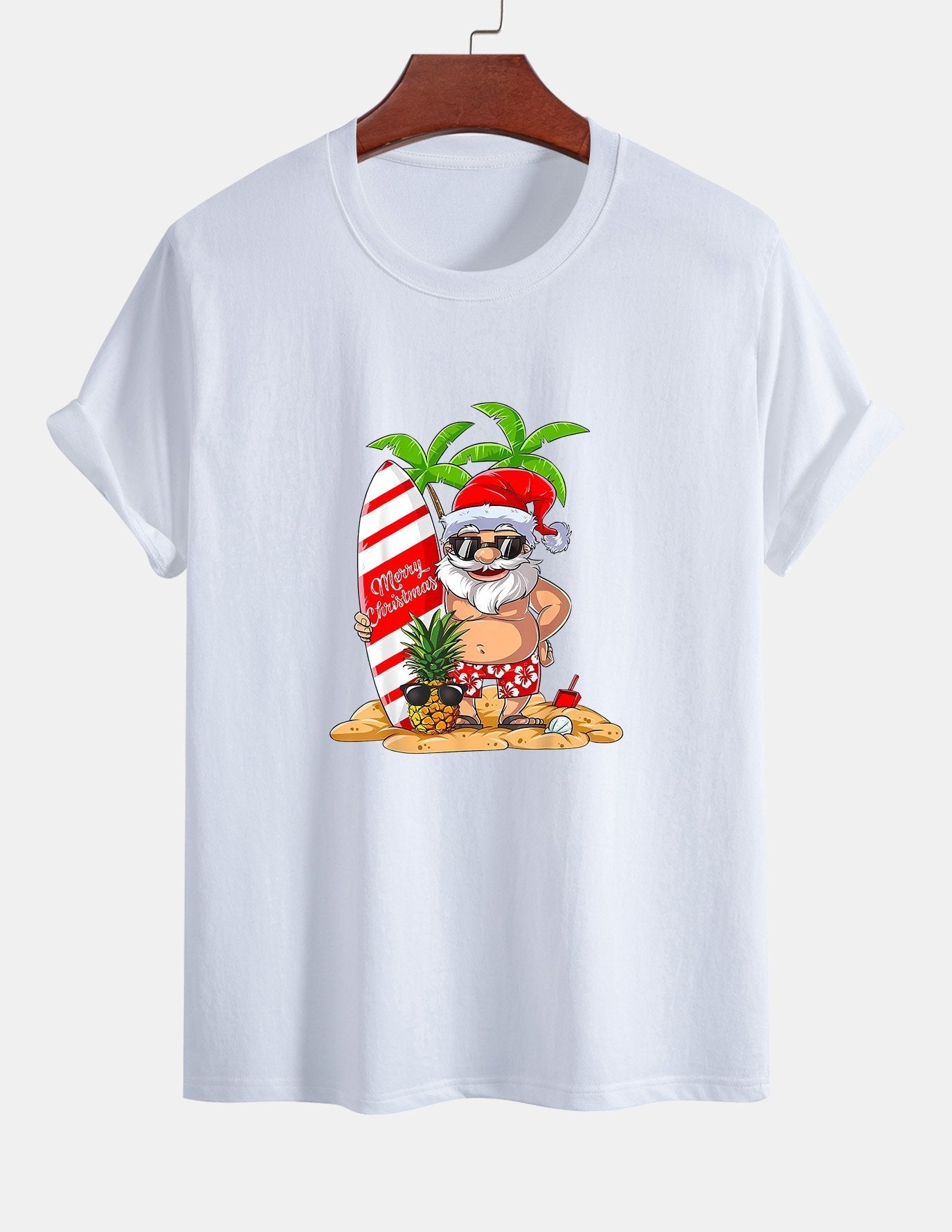 Regular Fit Summer Beach Santa Print Cotton T-Shirt