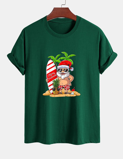 Regular Fit Summer Beach Santa Print Cotton T-Shirt