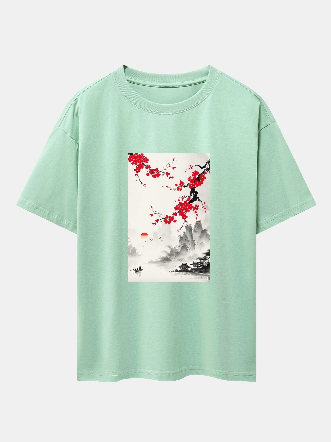 Flower Ink Landscape Print Drop Shoulder Oversize T-Shirt