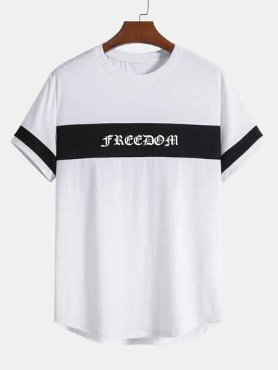 Freedom Print Color Block Patchwork Arc Hem T-Shirt
