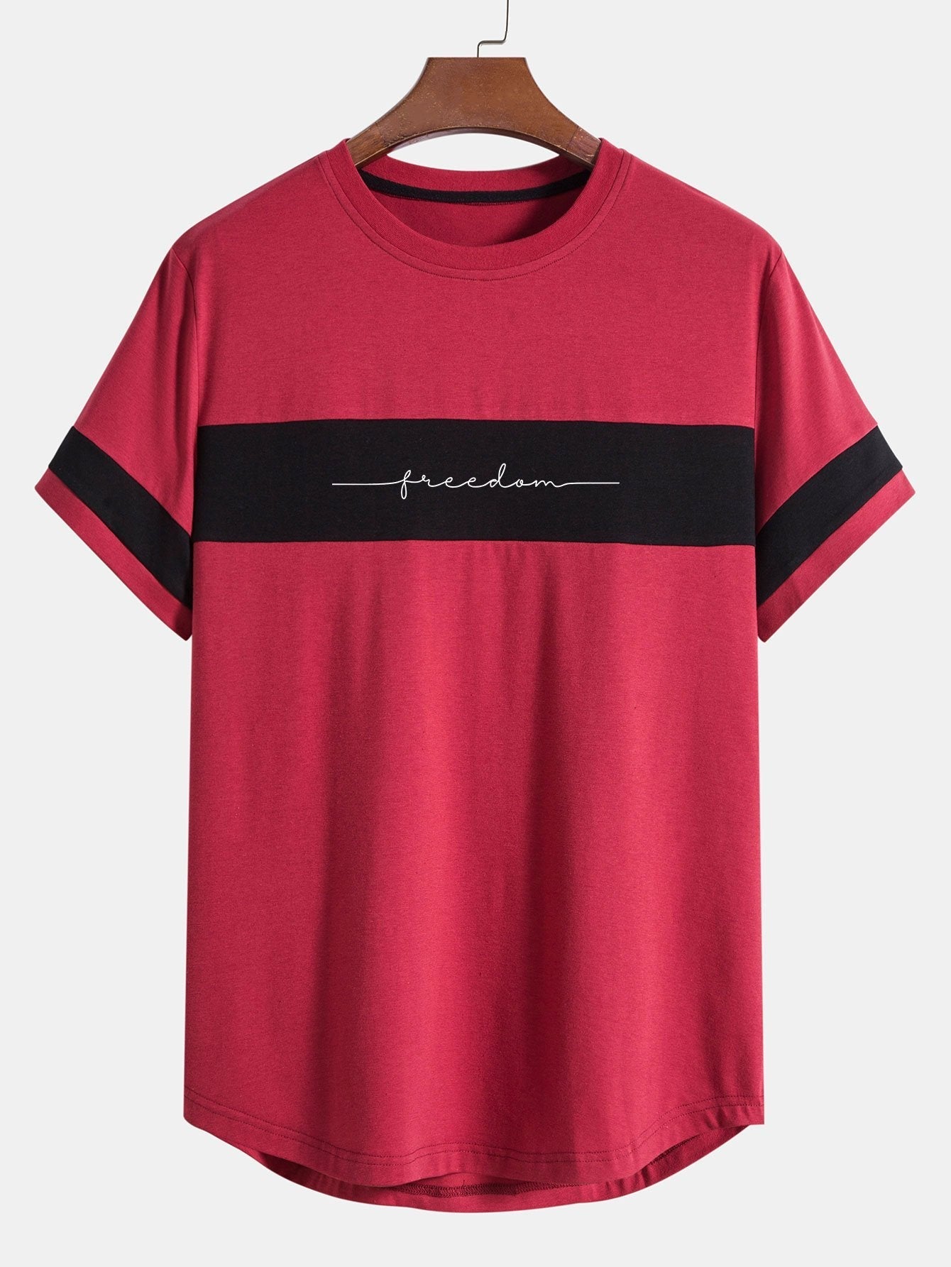 Hand Drawn Free Letter Print Color Block Patchwork Arc Hem T-Shirt