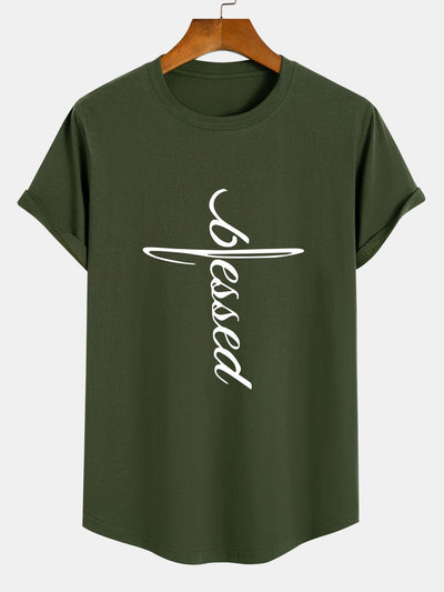Blessed Word Print Cotton Arc Hem T-Shirt