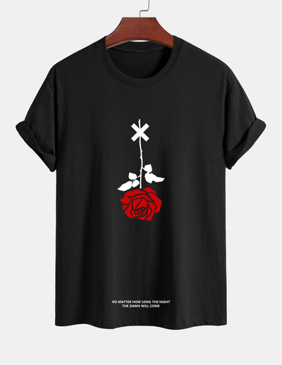 Regular Fit Inverted Rose Slogan Print Cotton T-Shirt