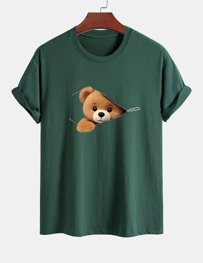 Regular Fit Zipper Bear Print Cotton T-Shirt
