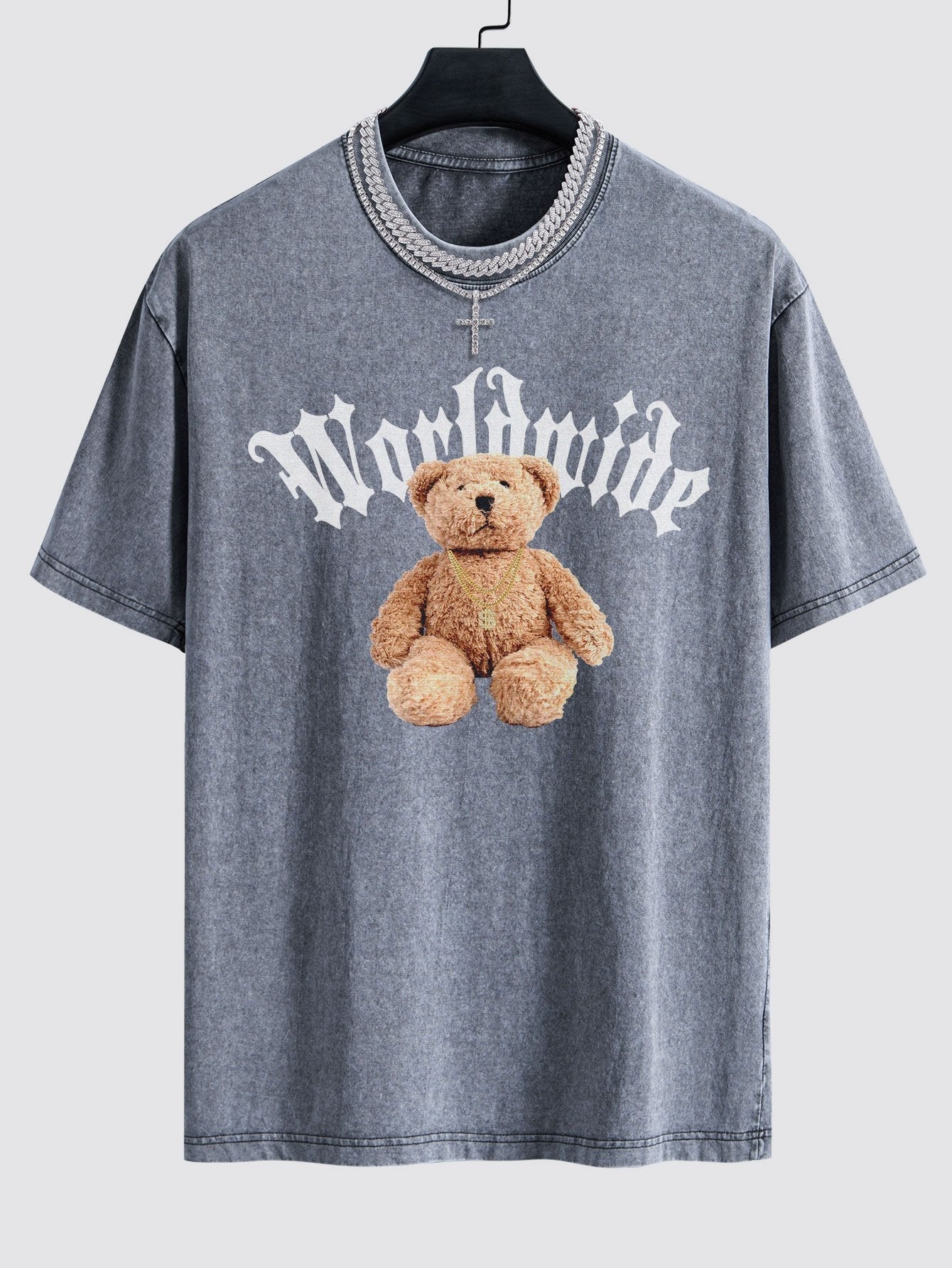 Bear Print Washed Drop Shoulder Oversize T-Shirt