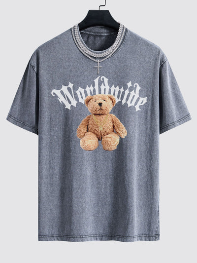Bear Print Washed Drop Shoulder Oversize T-Shirt