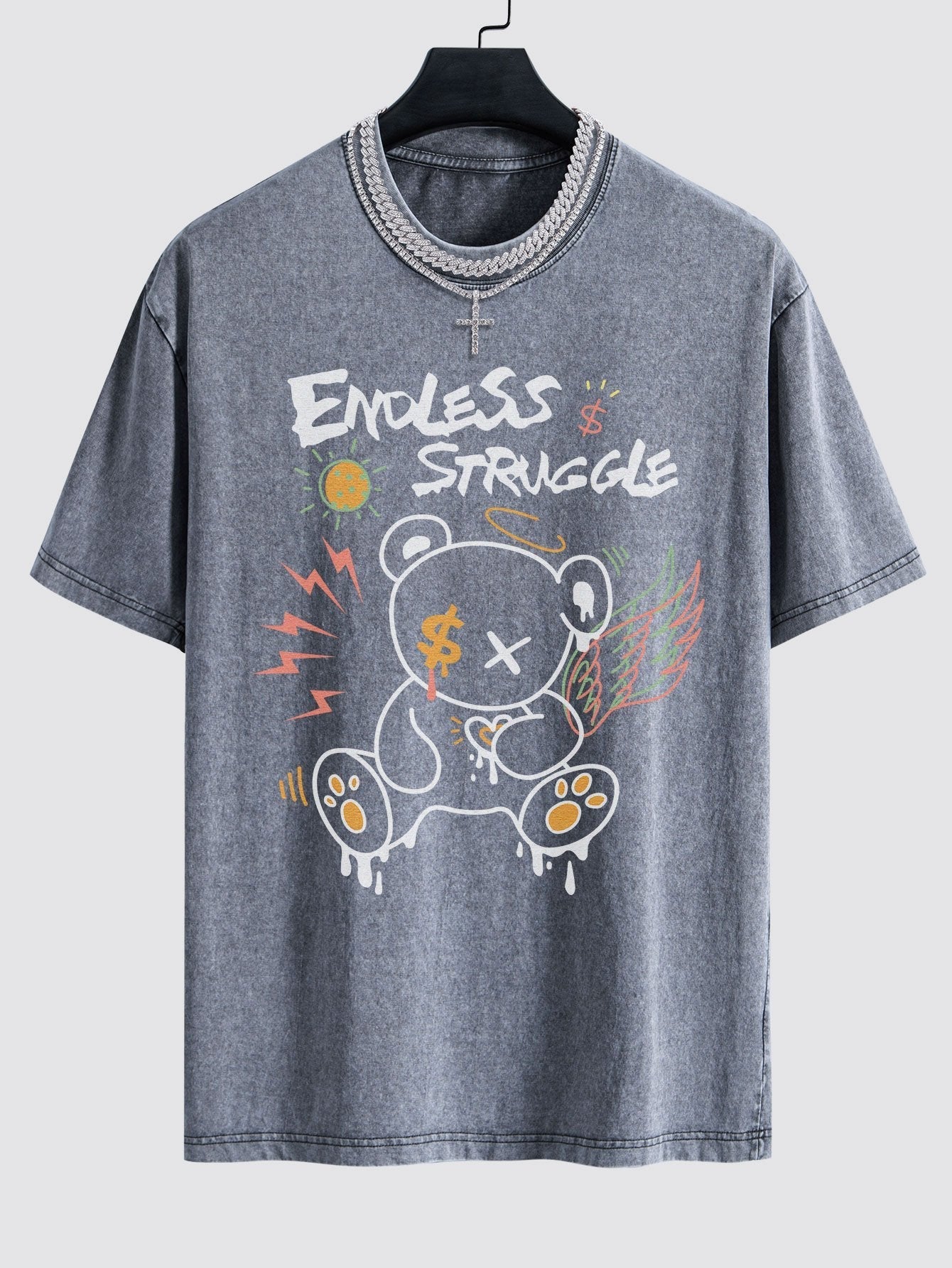 Graffiti Bear Print Washed Drop Shoulder Oversize T-Shirt