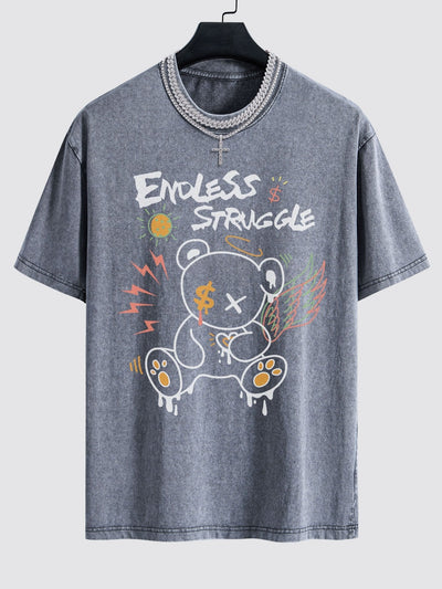 Graffiti Bear Print Washed Drop Shoulder Oversize T-Shirt