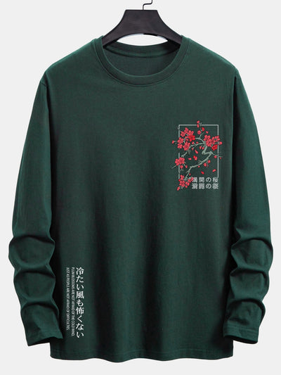 Long Sleeve Cherry Blossom Slogan Print Cotton T-Shirt