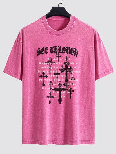 Cross Slogan Print Washed Distressed Drop Shoulder T-Shirt