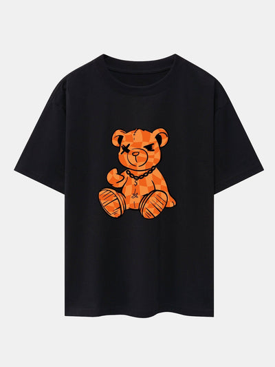 Orange Stitching Bear Print Drop Shoulder Oversize T-Shirt