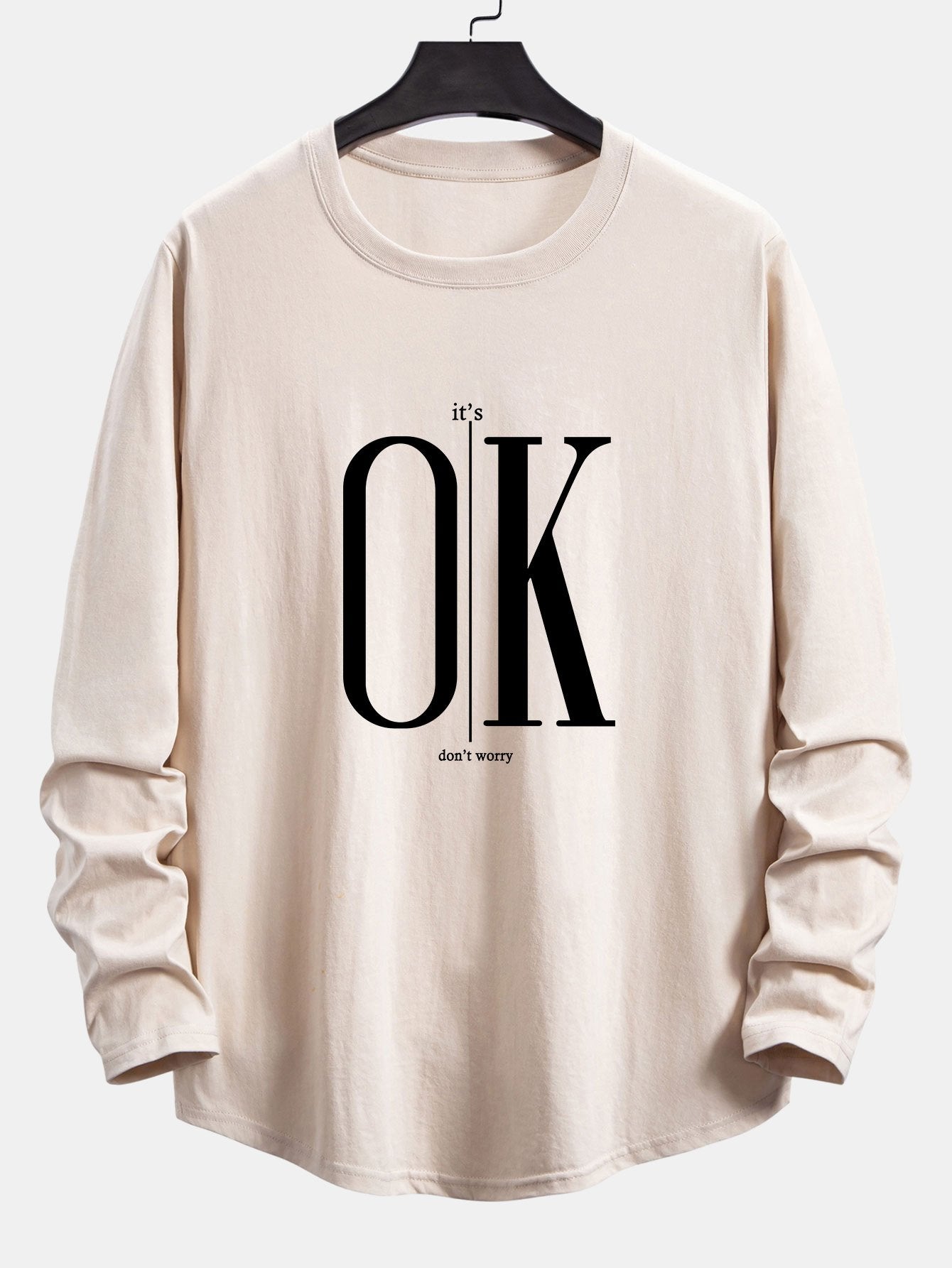 Long Sleeve OK Slogan Print Cotton Arc Hem T-Shirt