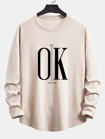 Long Sleeve OK Slogan Print Cotton Arc Hem T-Shirt