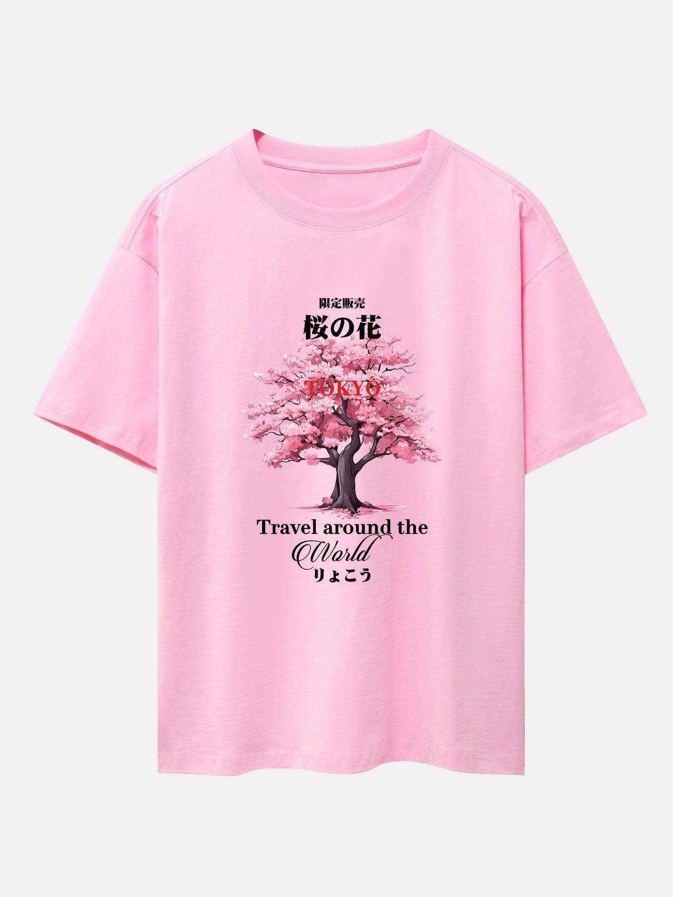 Tokyo Cherry Blossoms Print Drop Shoulder Oversize T-Shirt