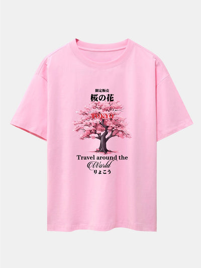 Tokyo Cherry Blossoms Print Drop Shoulder Oversize T-Shirt