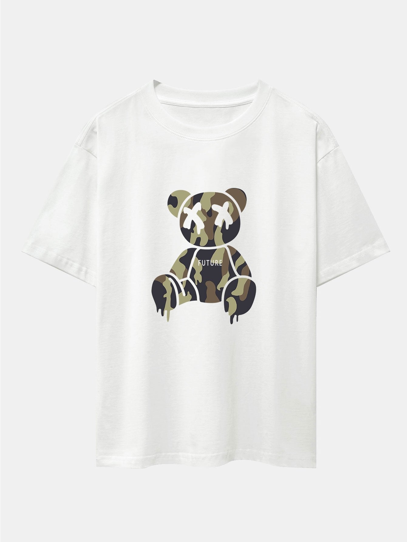 Camouflage Dissolving Bear Print Drop Shoulder Oversize T-Shirt