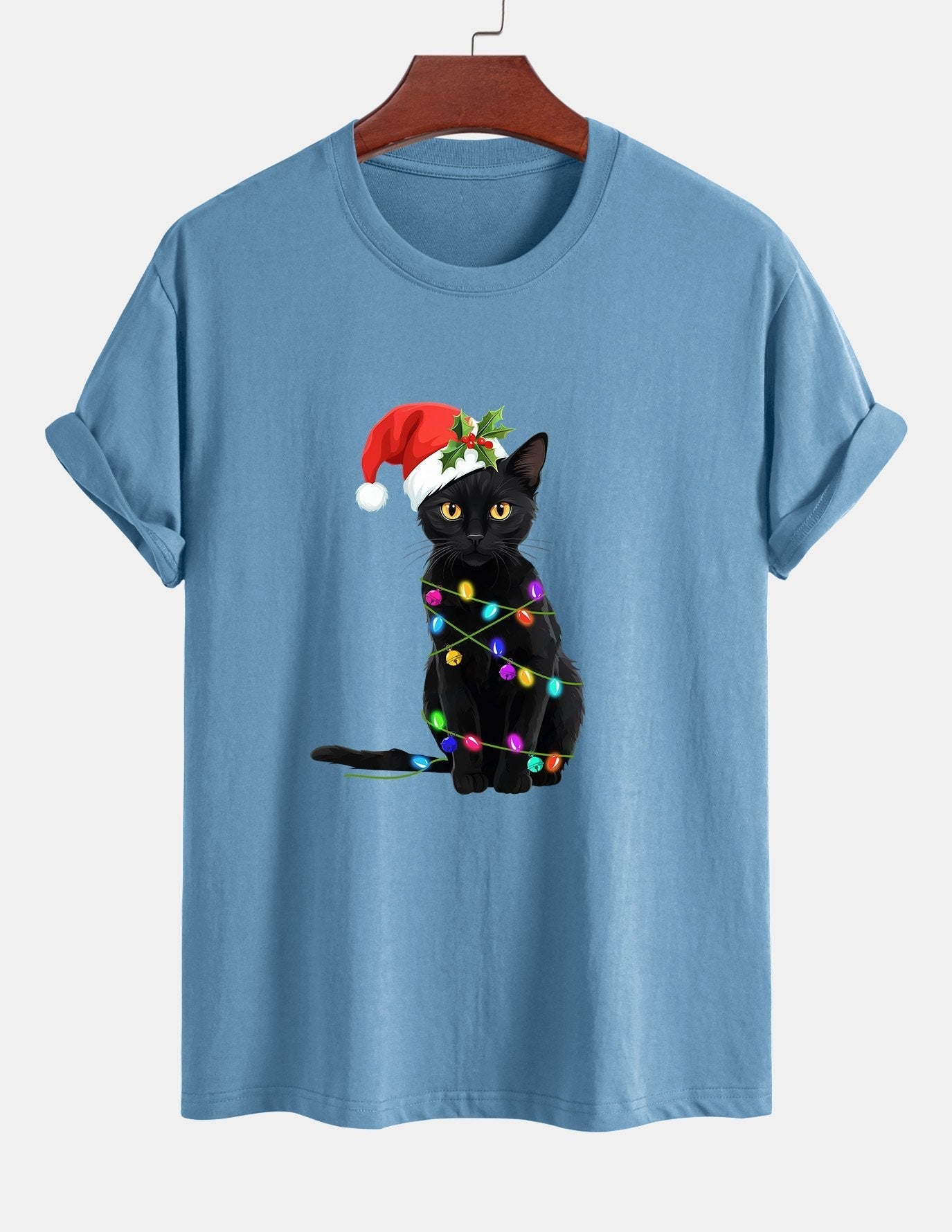 Regular Fit Christmas Lights Cat Print Cotton T-Shirt