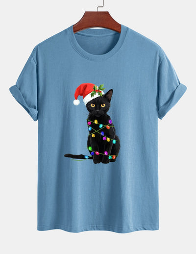 Regular Fit Christmas Lights Cat Print Cotton T-Shirt